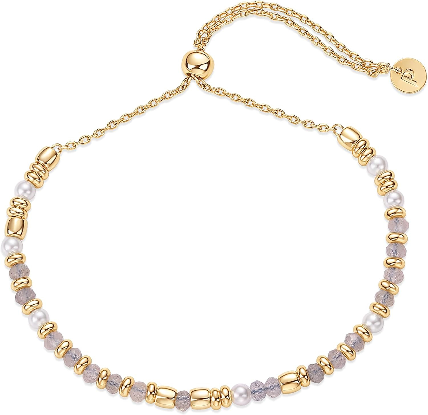14K Yellow Gold Plated Gemstone Beaded Bracelets for Women – Adjustable Slider D