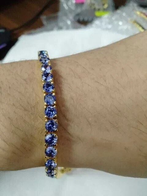 5mm Round Cut Blue Tanzanite Simulated Tennis Bracelet 14K Yellow Gold Plated