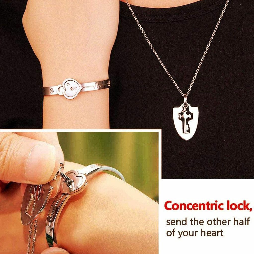 Couple Stainless Steel Love Heart Lock Bracelet with Key Pendant Necklace Set