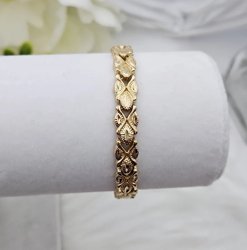 Gold Vintage Bracelet for Women, Diamond Cut Bracelet, 14k Heavy Plated Gold