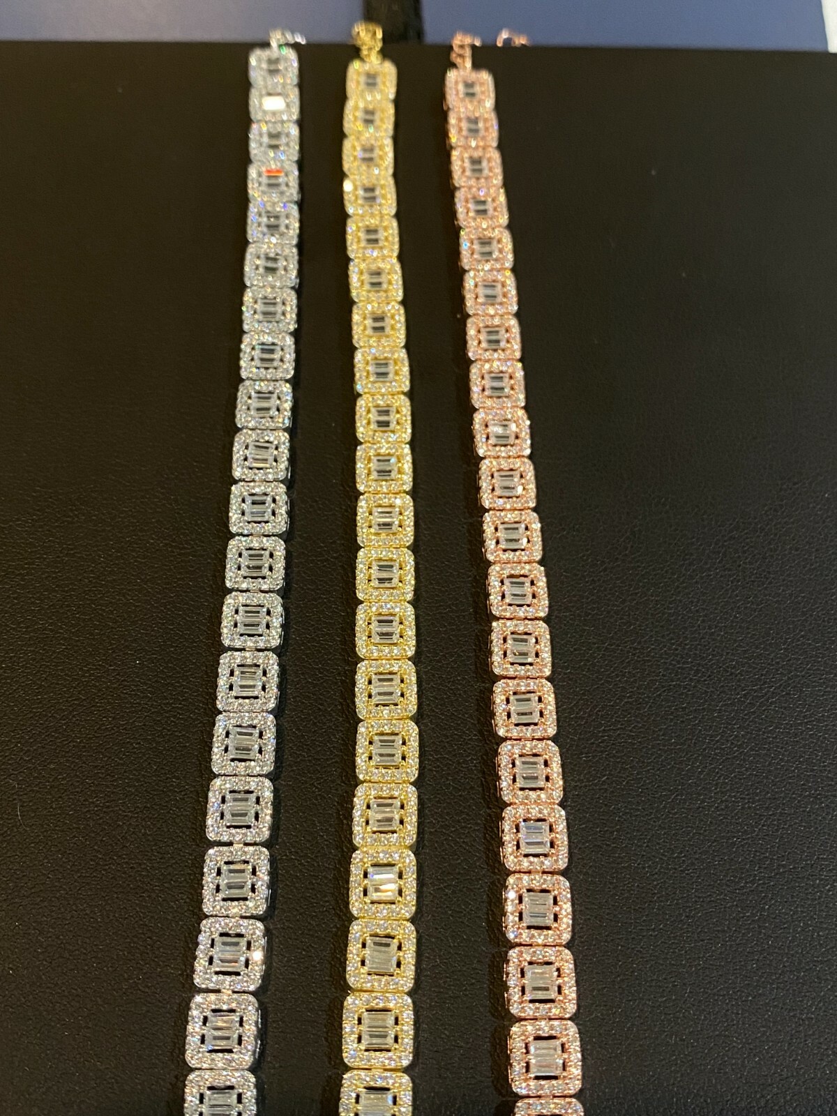 Real 925 Silver Yellow Rose Gold Plated Square Cluster Bracelet Baguette CZ