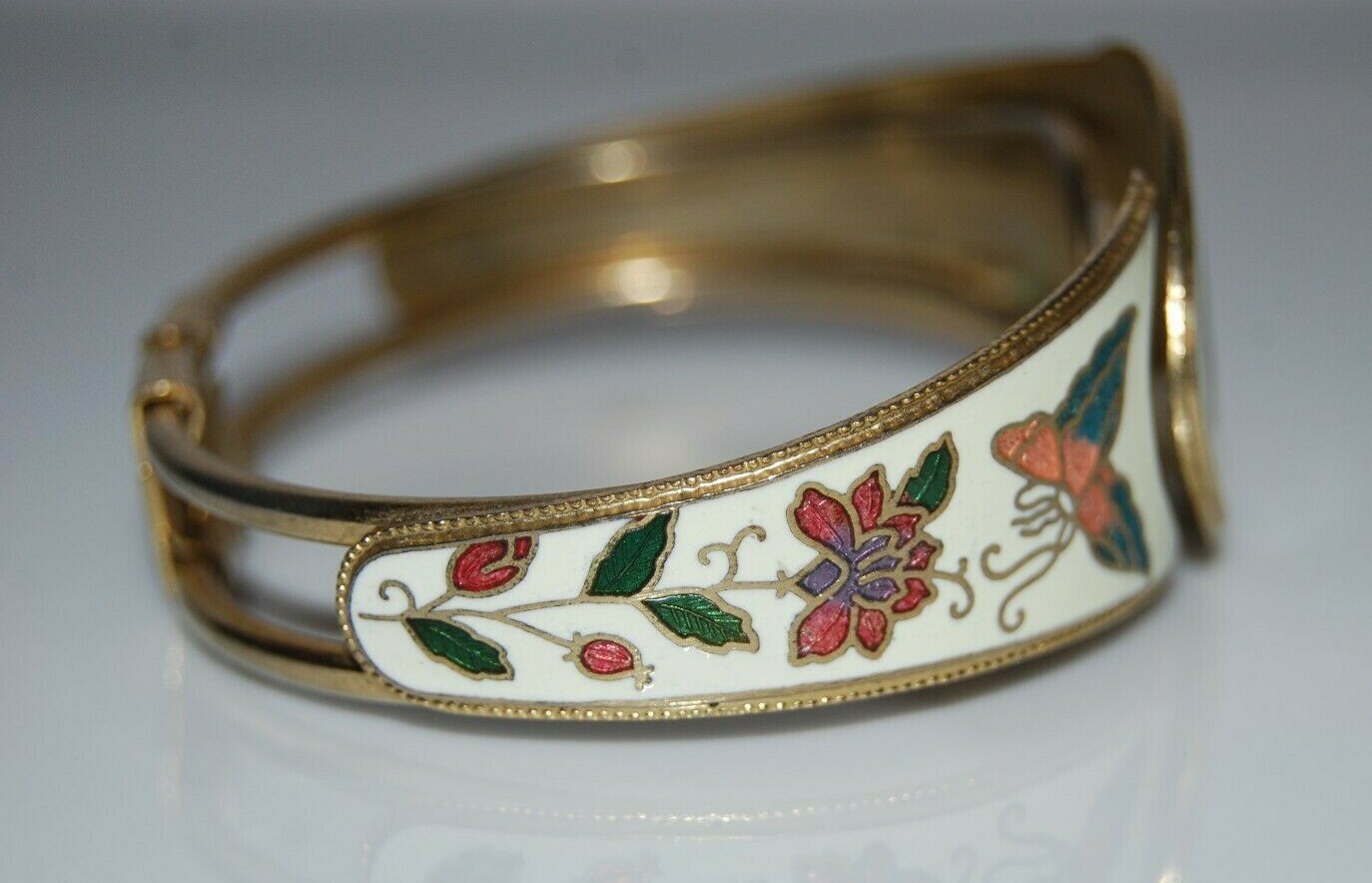 Vintage Enamel Cloisonne Or Champleve On Golden Metal Statement Hinged Bracelet