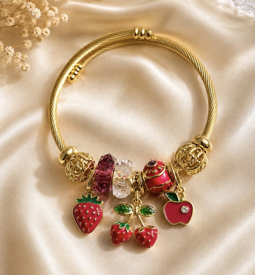Gold Tone Charm Bangle Bracelet w/ Enamel Fruit Dangle Charms Red Accents