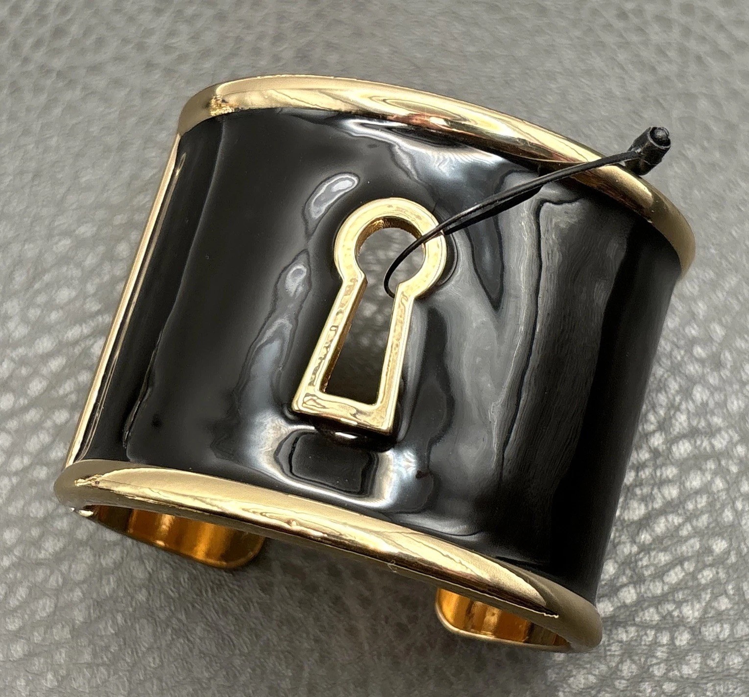 Chicos Black Enamel Gold Tone Cuff Bracelet Keyhole Key Hole Lock Wide Statement