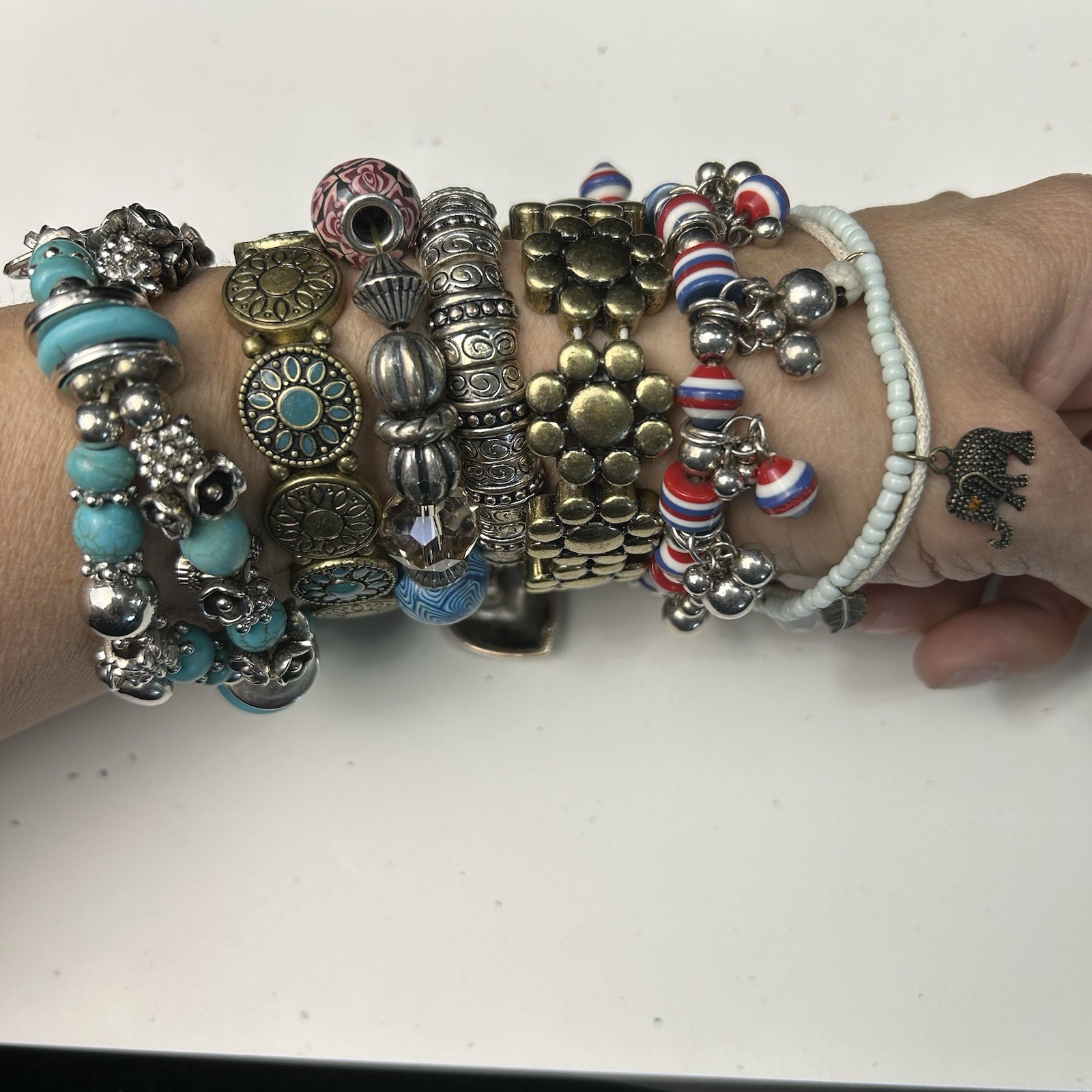 Boho Turquoise Charm Bracelet Stack 7pc Lot Silver Western Festival Jewelry SEE