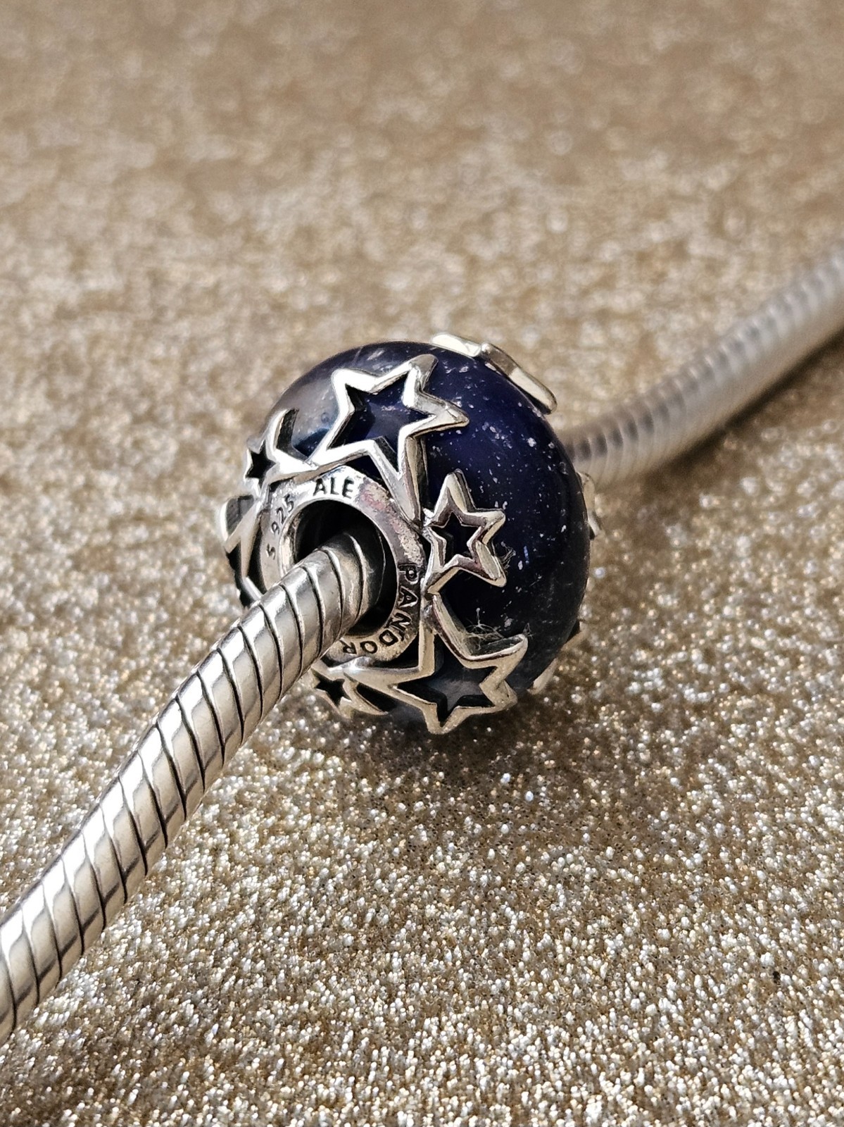 Authentic Pandora Silver Galaxy Blue Stars Murano Charm