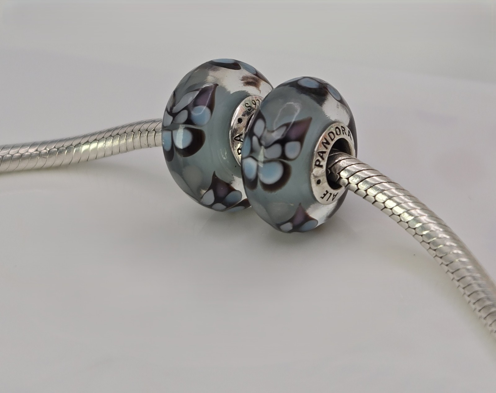 Authentic Pandora Pair of Blue Butterfly Kisses bug Charms Murano Glass