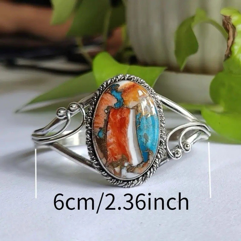 Women’s Retro Oval Natural Turquoise Cuff Bracelet Vintage Boho Silver Bangle