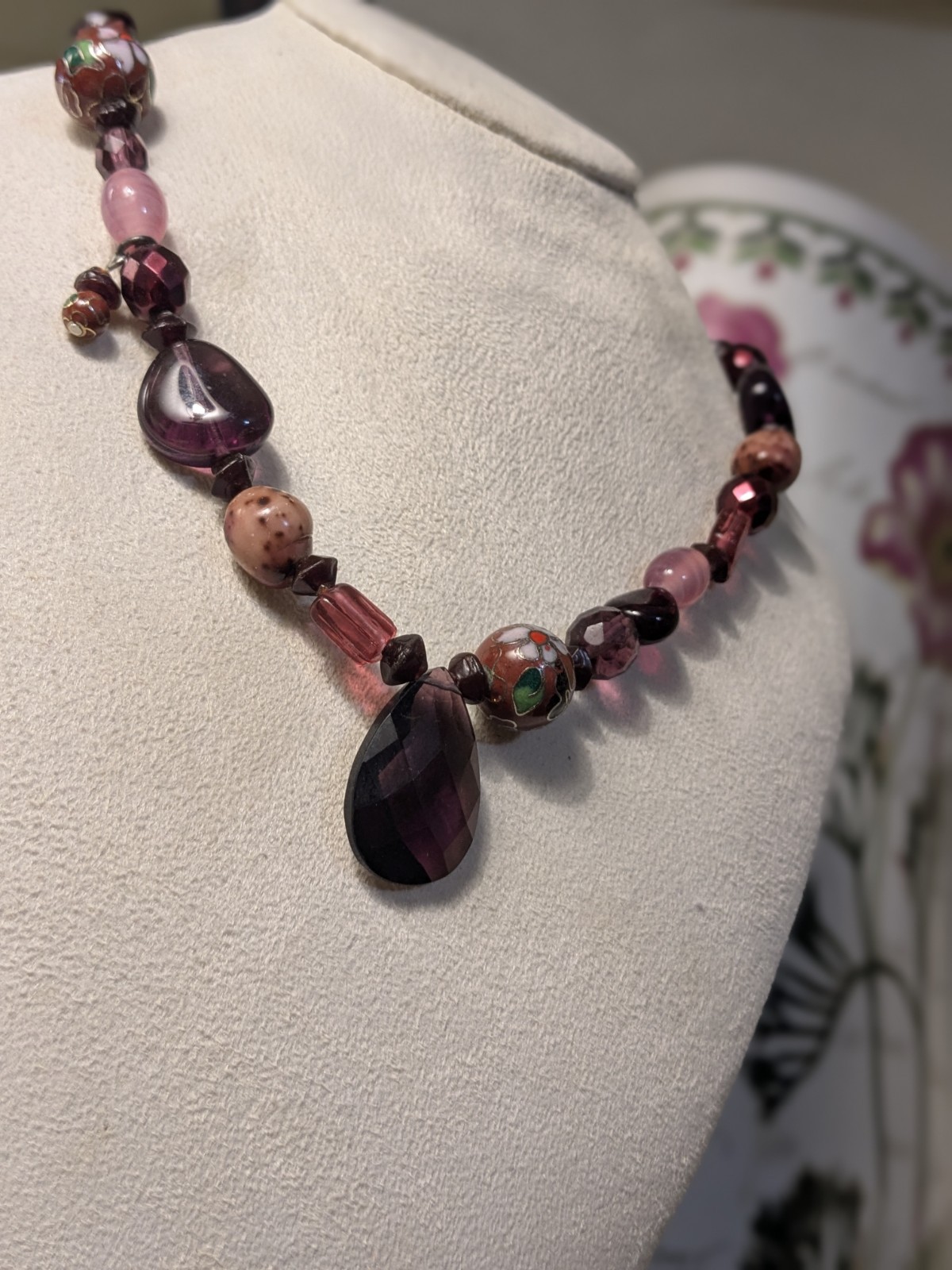 Purple Pink Berry cloisonne faceted beaded teardrop necklace by Chico’s
