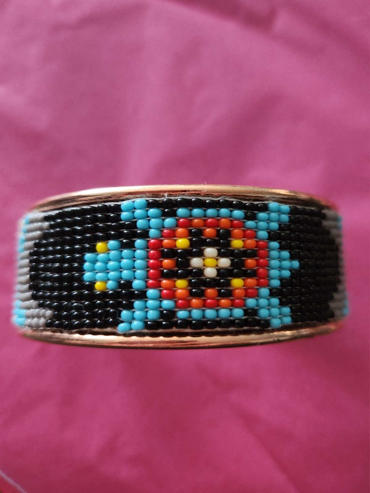 Native American Style Copper Seed Beaded Adjustable Bracelet Cuff Blue Black Red