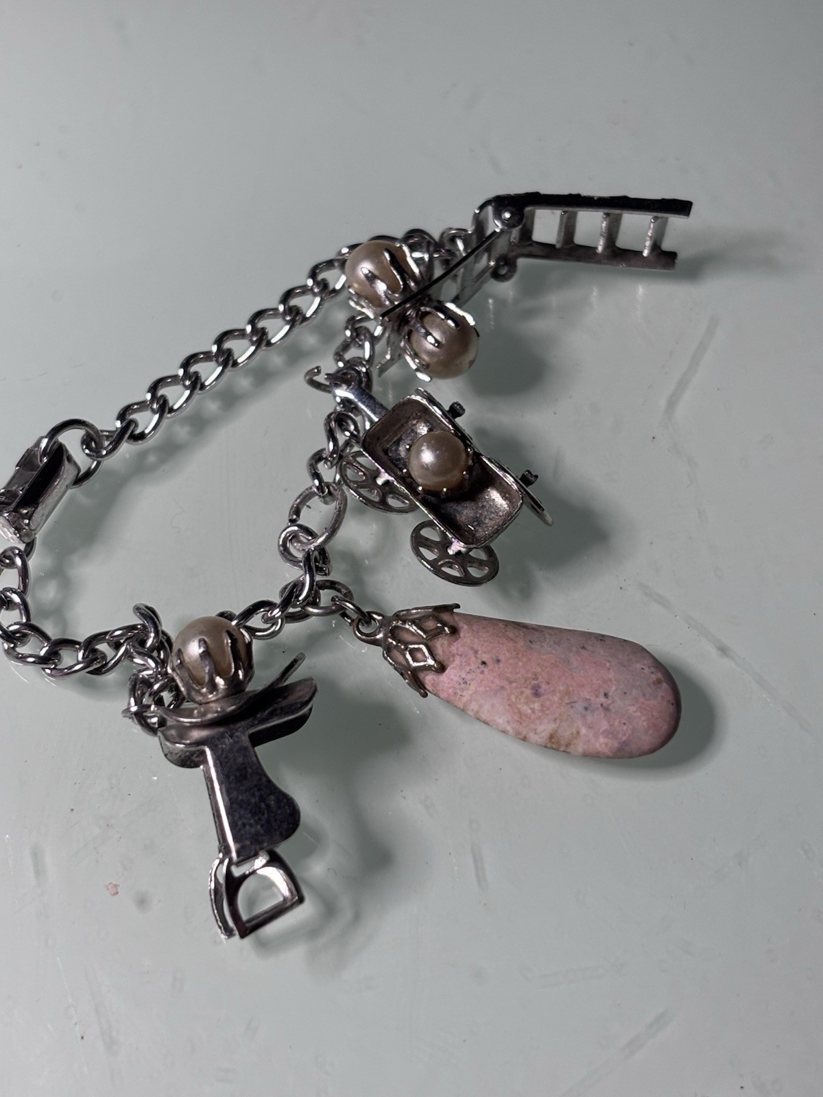 Coro Signed Silver Tone Charm Cable Chain Bracelet Dangle Stone Lobster