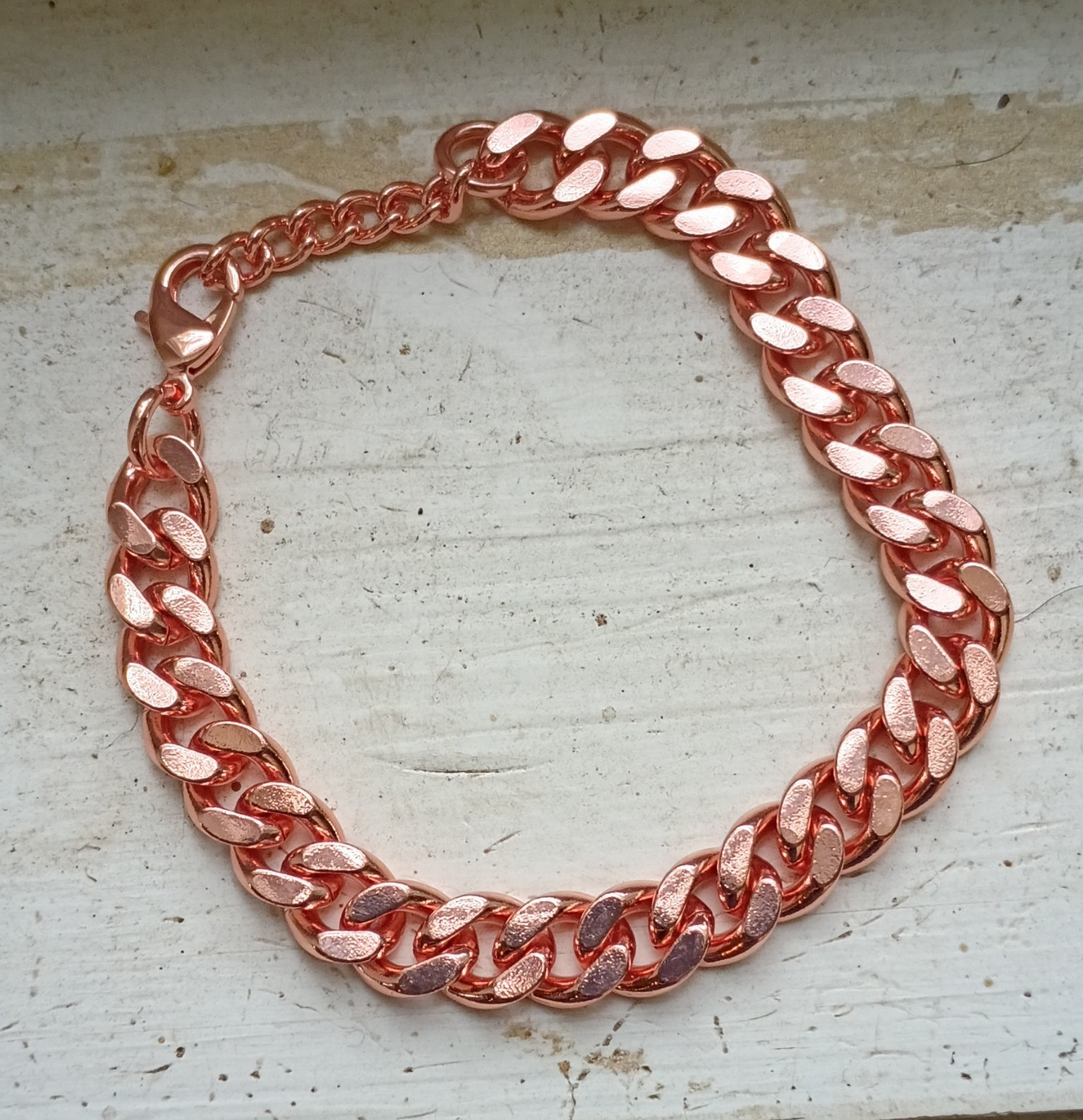 Rose Gold Tone Cuban Link Chain Bracelet, Lobster Clasp, Metal, Copper Small