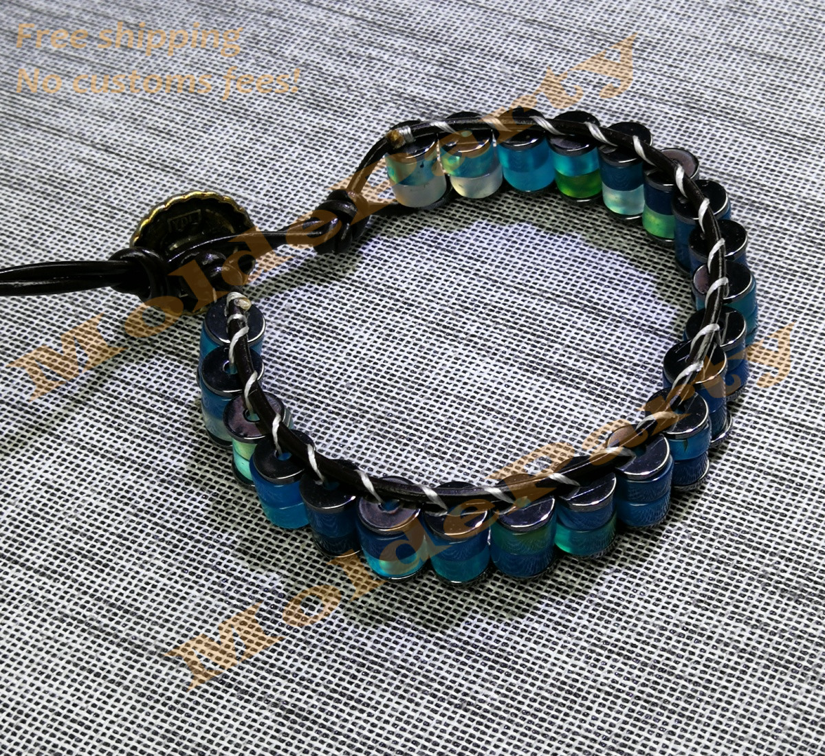 Handmade Natural Gemstone Blue Agate Beaded Leather Bracelet Healing Reiki Gift
