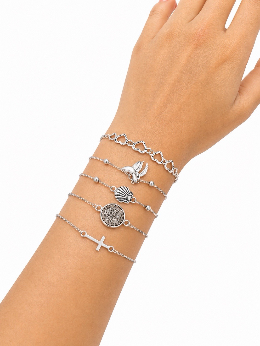Silver Tone Stackable Charm Chain Bracelet Set Lobster Clasp Cross Religious