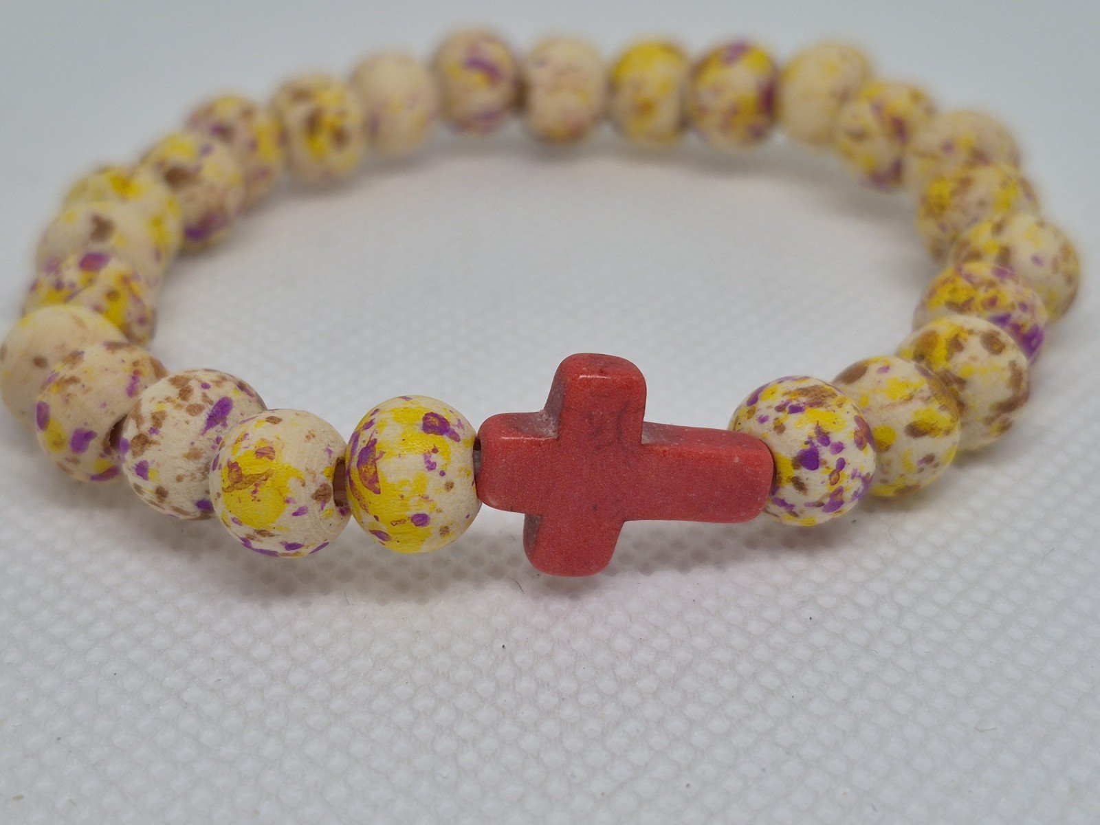 Set of 3 Multicolor wood Round Beaded Stretch Bracelets w/ Cross Dangle Charms