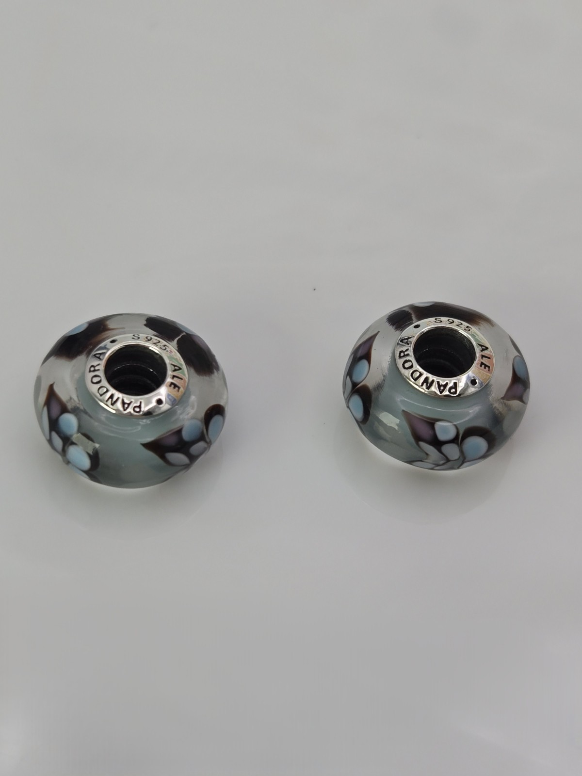 Authentic Pandora Pair of Blue Butterfly Kisses bug Charms Murano Glass