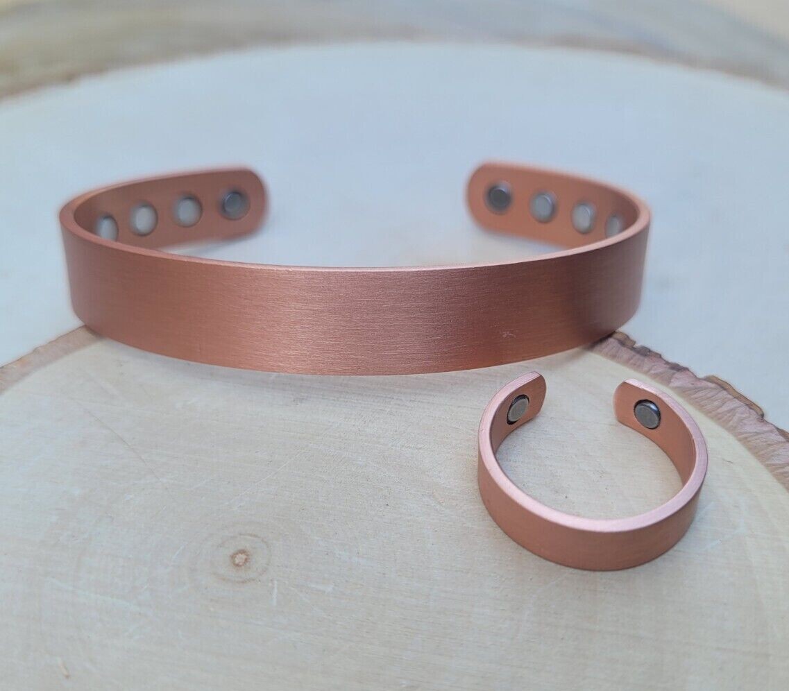 Matte Solid Copper Magnetic Engravable Bracelet Ring Set Arthritis Cuff Ring Set