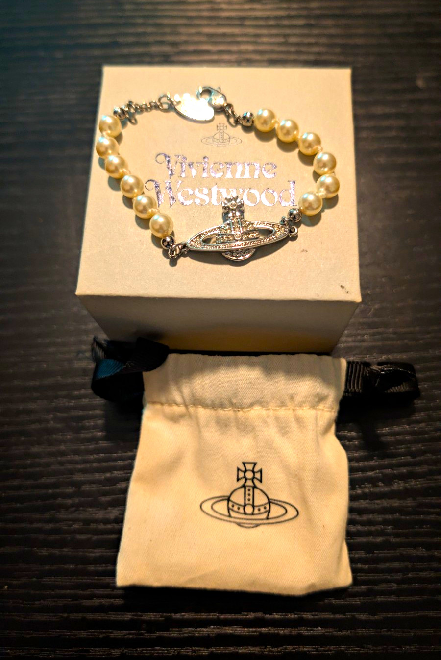 Vivienne Westwood Simulated Pearl Beaded Bracelet Silver Orb
