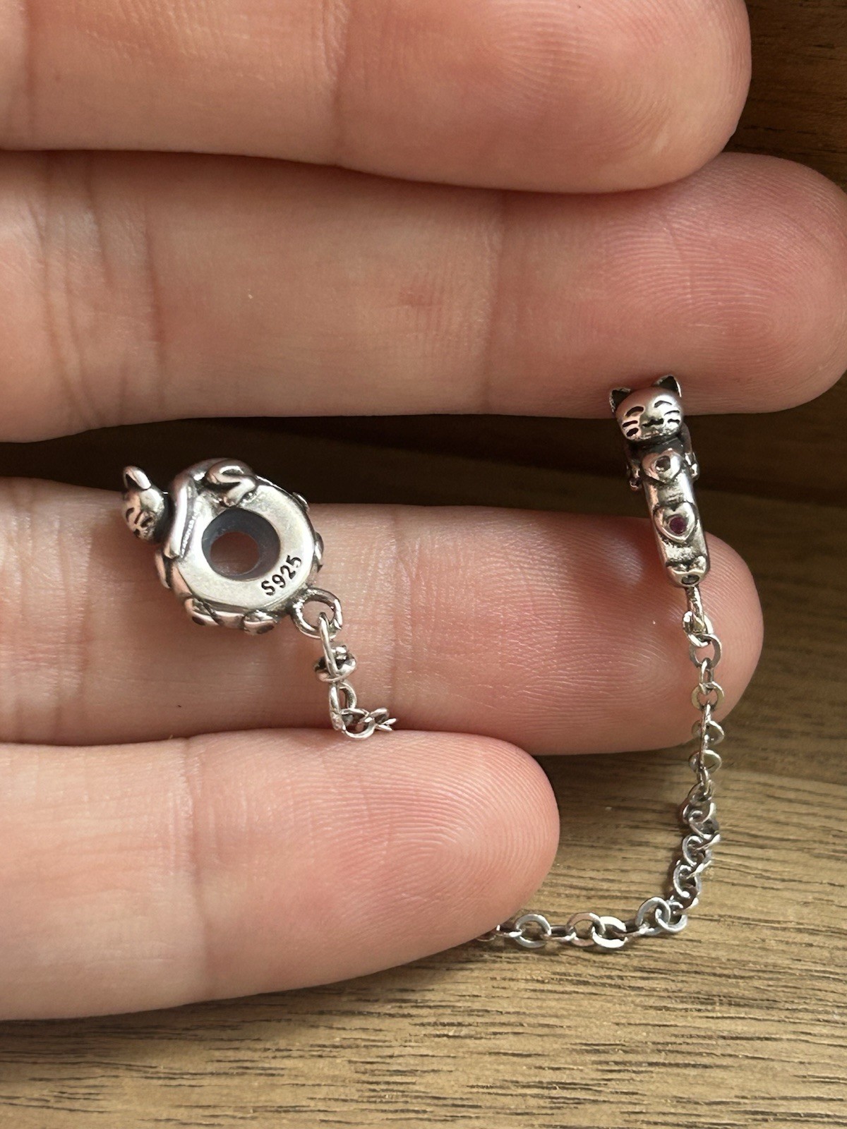 S925 Sterling Silver Cute Cats Safety Chain Charm Cat