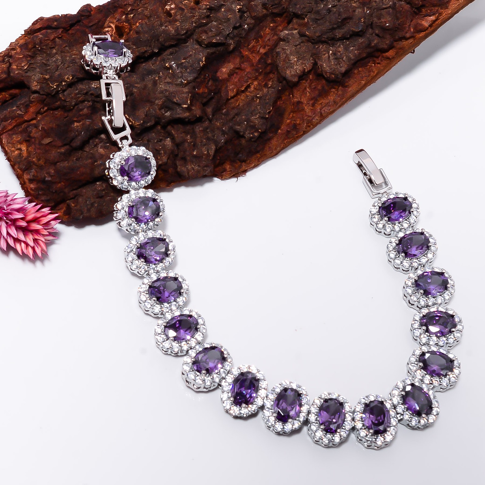 Purple Amethyst, CZ 925 Sterling Silver Adjustable Bracelet 7-8″ B141812