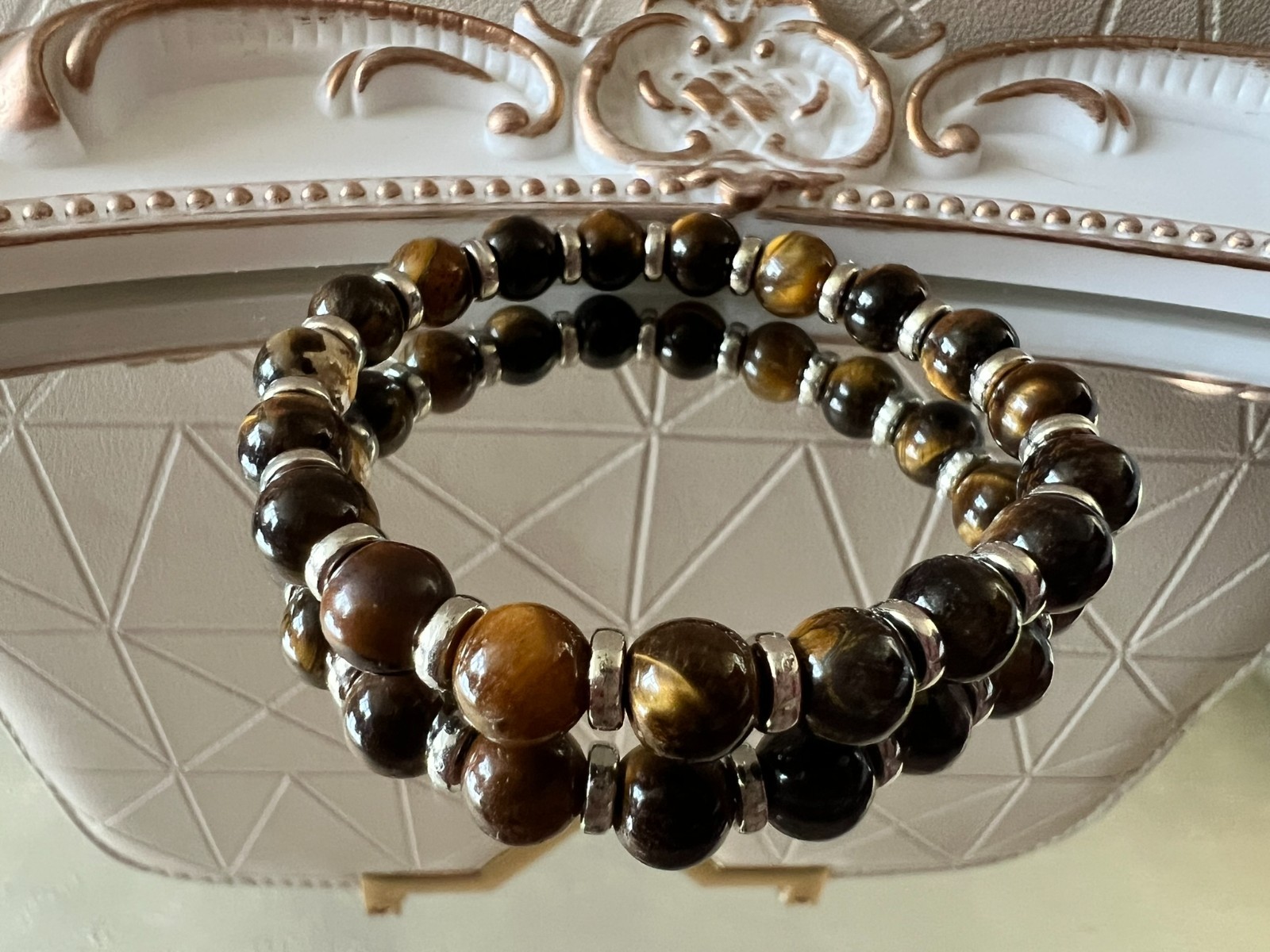 handmade elastic unique tiger eye stone beads & silver accents bracelet