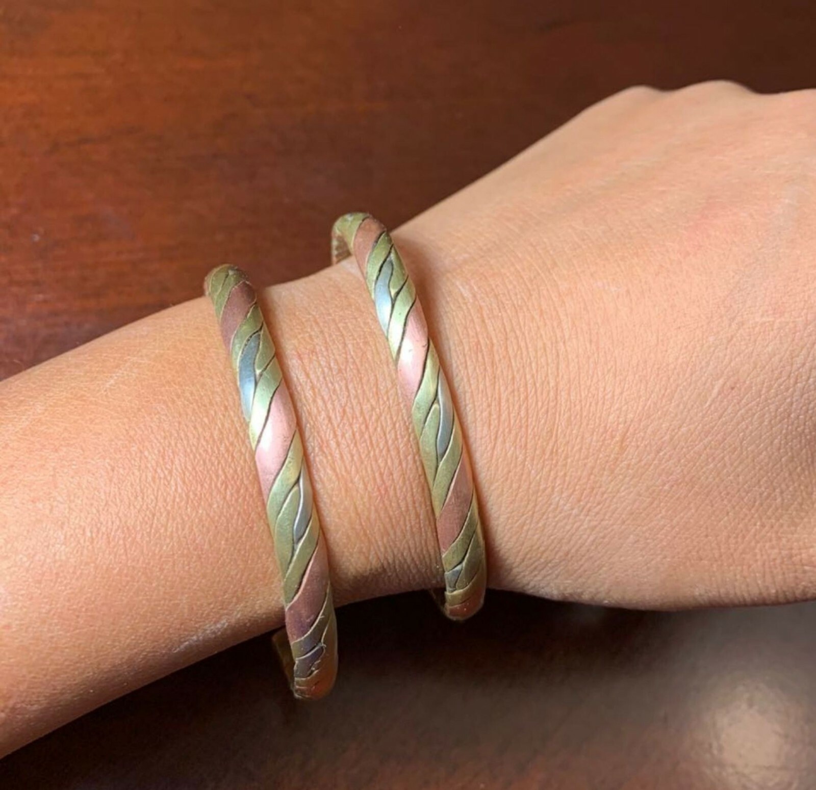 Nepalis BRACELET Tri-Metal Twist Braided Cuff Bangle – Handmade from Nepal