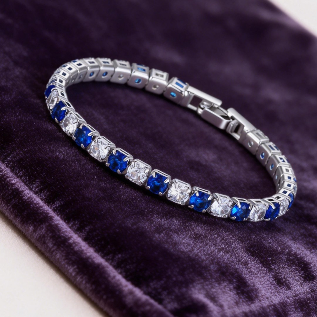 Silver Plated Blue Lab-Created Sapphire White Topaz Tennis Bracelet 18cm