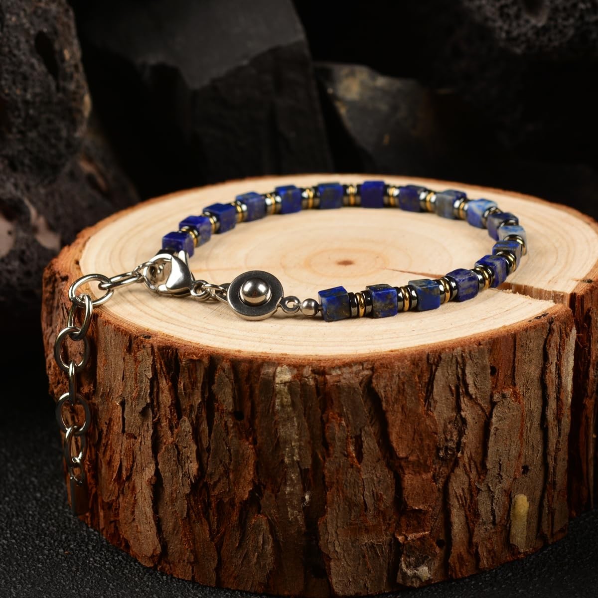 Handmade Lapis Lazuli Hematite Mens Bracelet, Stainless Steel Dual-Clasp, Adj…