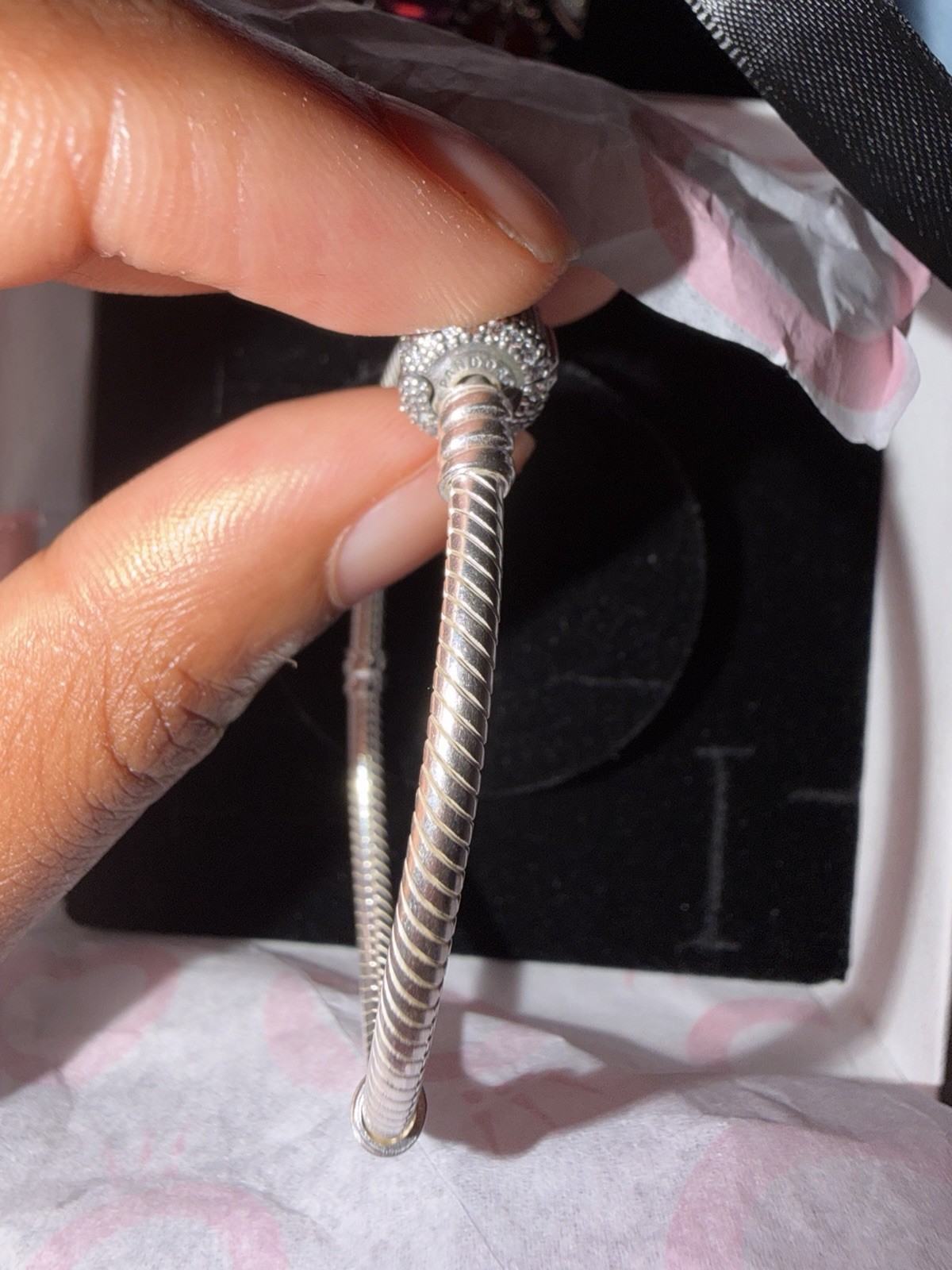 PANDORA Silver Snake Chain Charm Bracelet Pavé Barrel Clasp CZ Stones
