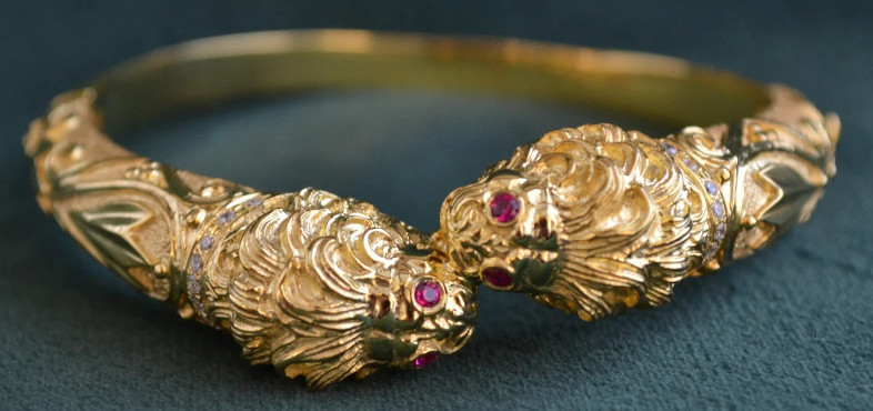 22K Gold-plated 925 Sterling Silver Lion Cuff Bracelet, Red Cubic Zirconia Eyes