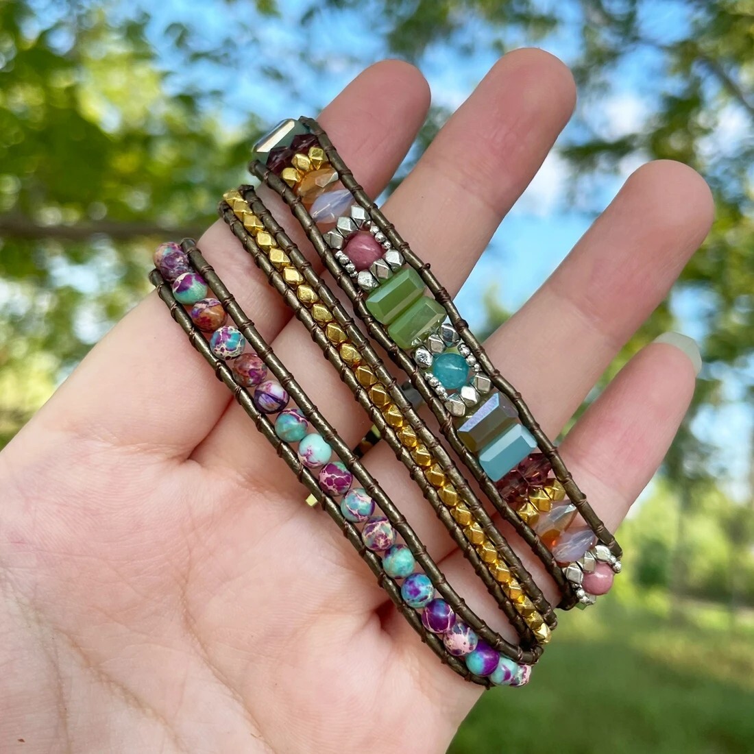 Boho Wrap Bracelet Colorful Vintage Sea Sediment Braid Healing Crystals Handmade