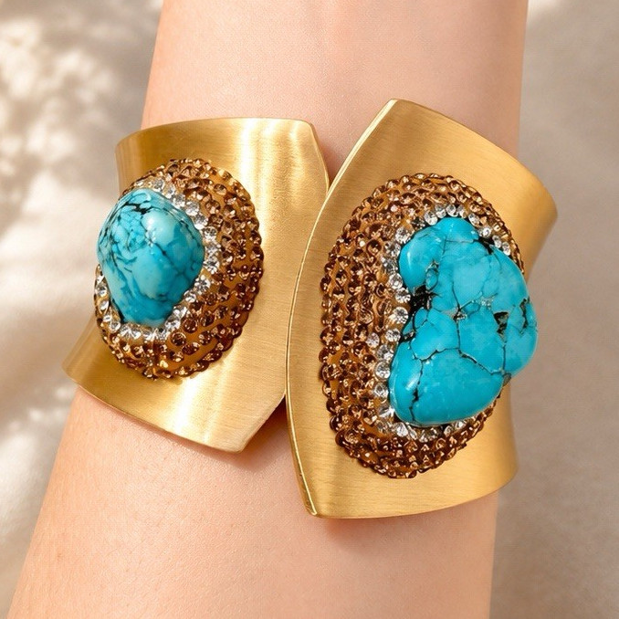 Gold Plated Asymmetrical Cuff Bracelet Blue Turquoise Bezel Set Hinged Stackable