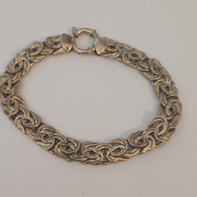 Silver Tone Byzantine Chain Bracelet 8 in Metal Spring Ring Closure