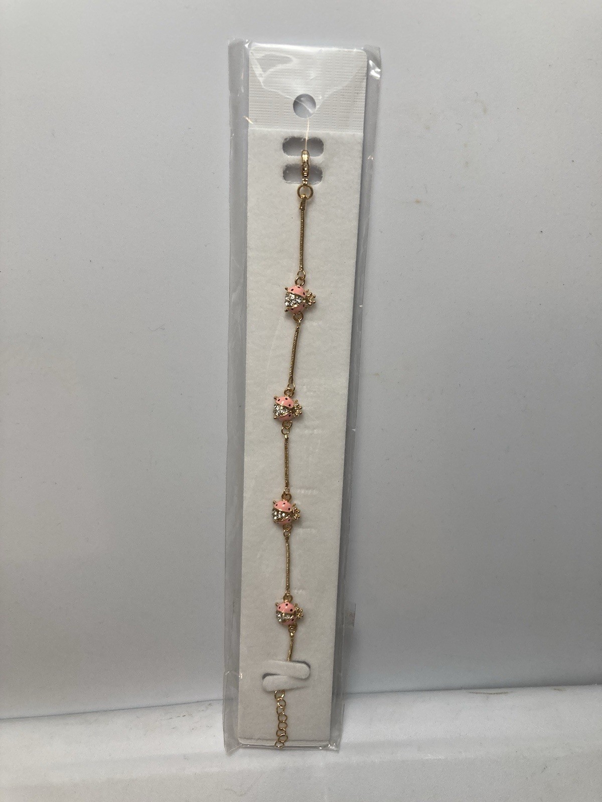 18k Gold GP Enamel & Cubic Zirconia PINK LADYBUGS Bracelet 7 – 8 in