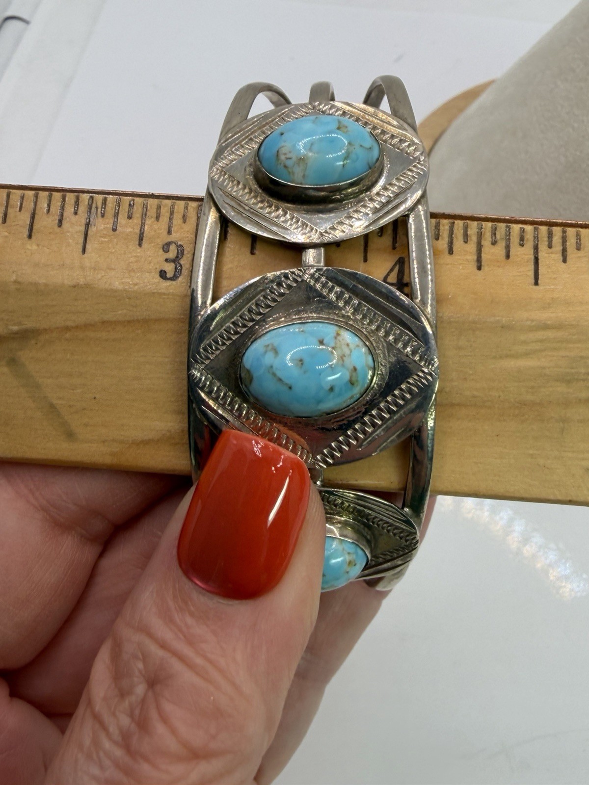 Vintage Silver Tone Large Faux Turquoise Statement Cuff Bracelet Mexico