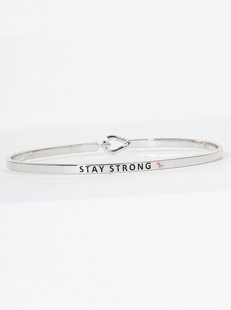 Stay Strong Engraved Brass Bangle, Hook Closure, Gold or Silver Tone