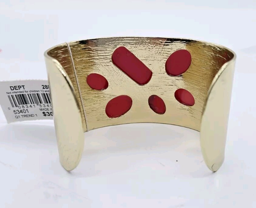 Cuff Bracelet Red Cabochon WIDE Statement Gold Tone OSFM One Size