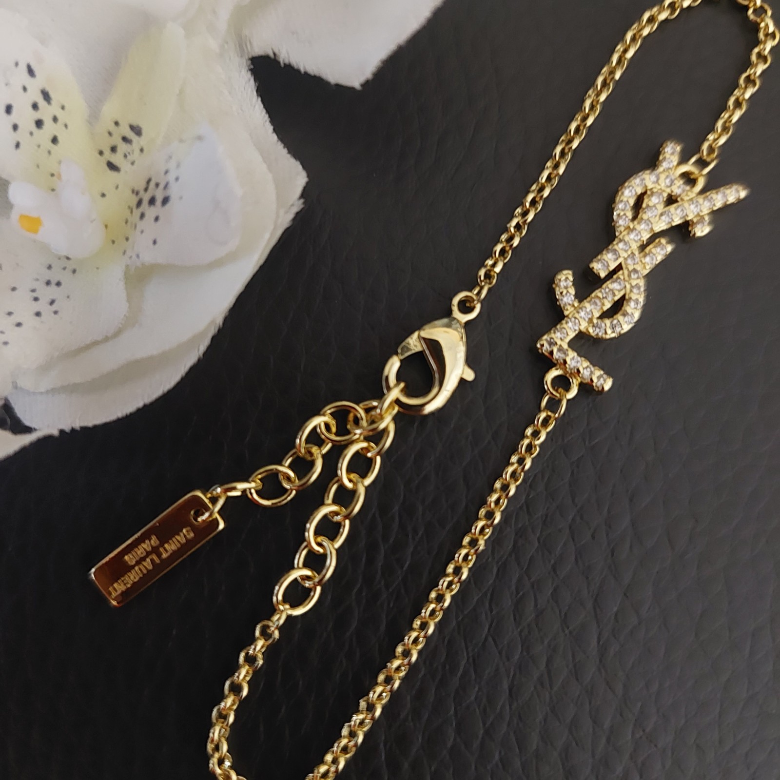 YSL Saint Laurent Charm Bracelet Crystal Brass Metal Gold!