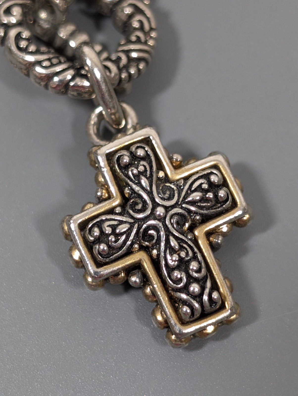 Black Multi Cord Two Tone Bali Style Cross Charm Toggle Bracelet 6.5 inch