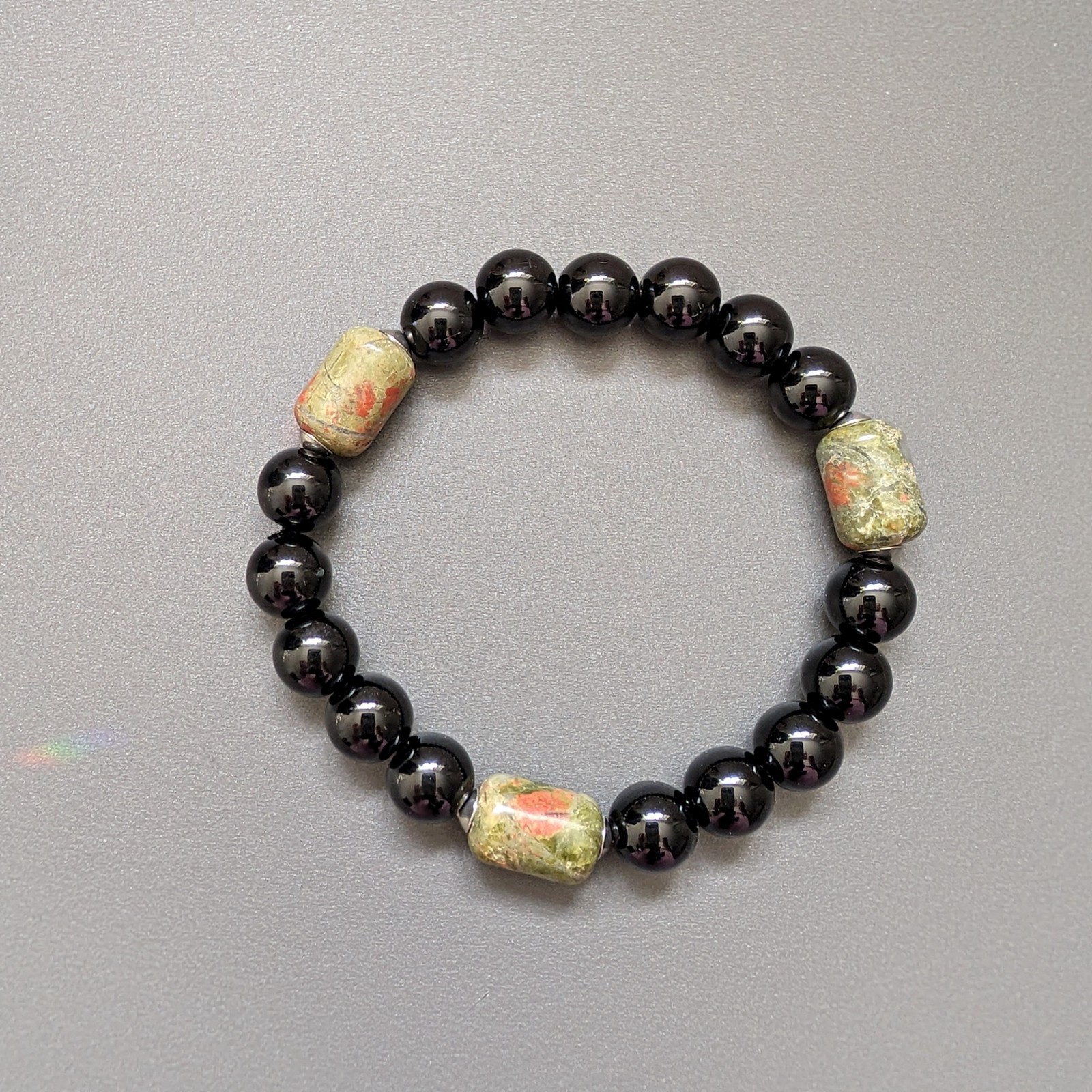 Black Onyx Unakite Beaded Bracelet, Natural Stone Unisex Gift, Protection Stone