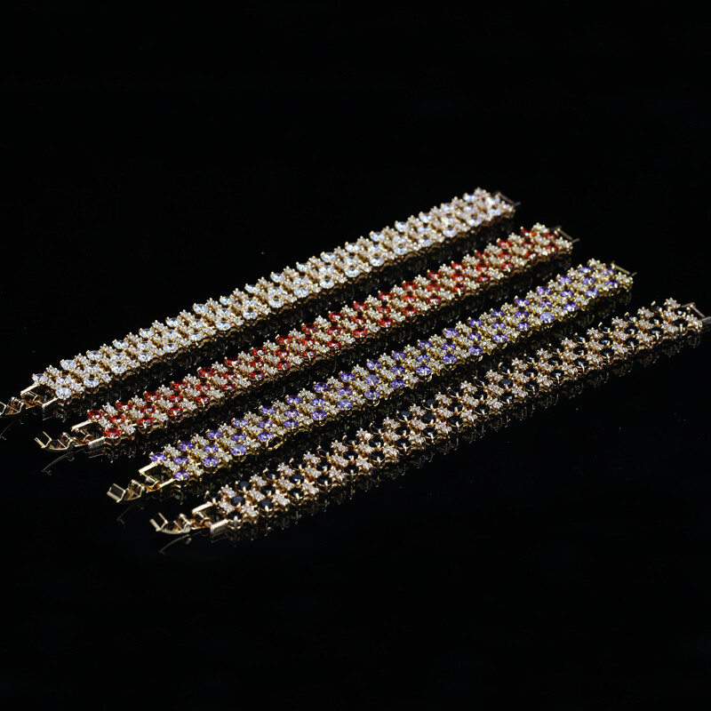 Yellow Gold Plated Big Cubic Zircon Red Tennis Charm Wedding Bracelet for Women