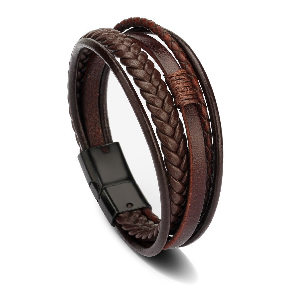 Men Braided Leather Bracelet Multi Layer Magnetic Clasp Brown Gift Wristband