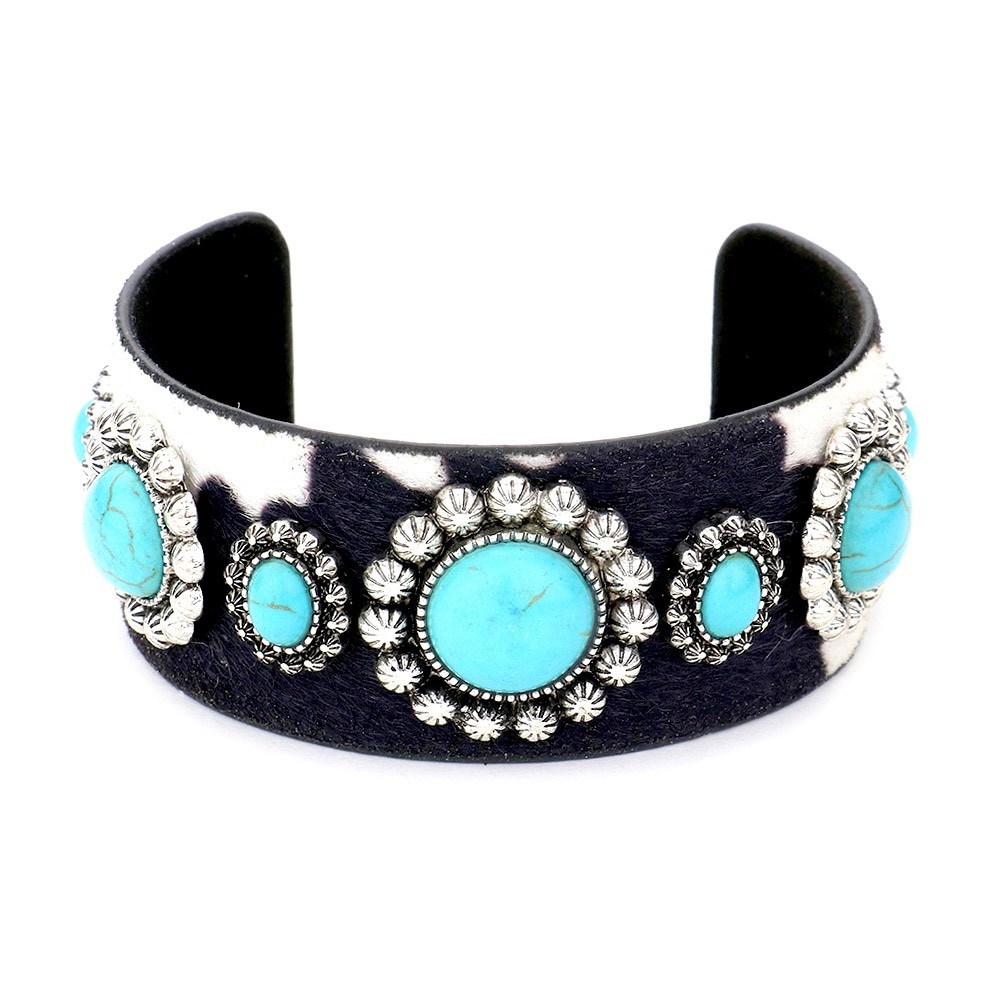Textured Cow Pattern Cuff Bracelet Silver Plated Natural Stones NEW