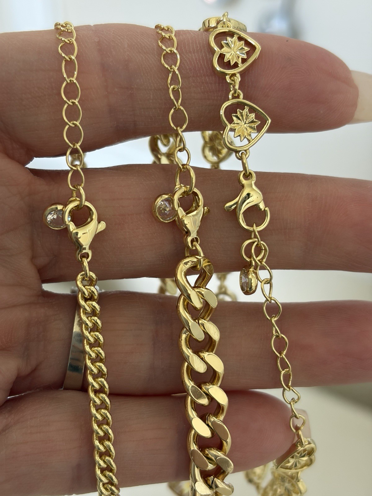 Lot of 3 Gold Tone Cuban Link Chain Bracelets Heart Dangle Clear Crystal