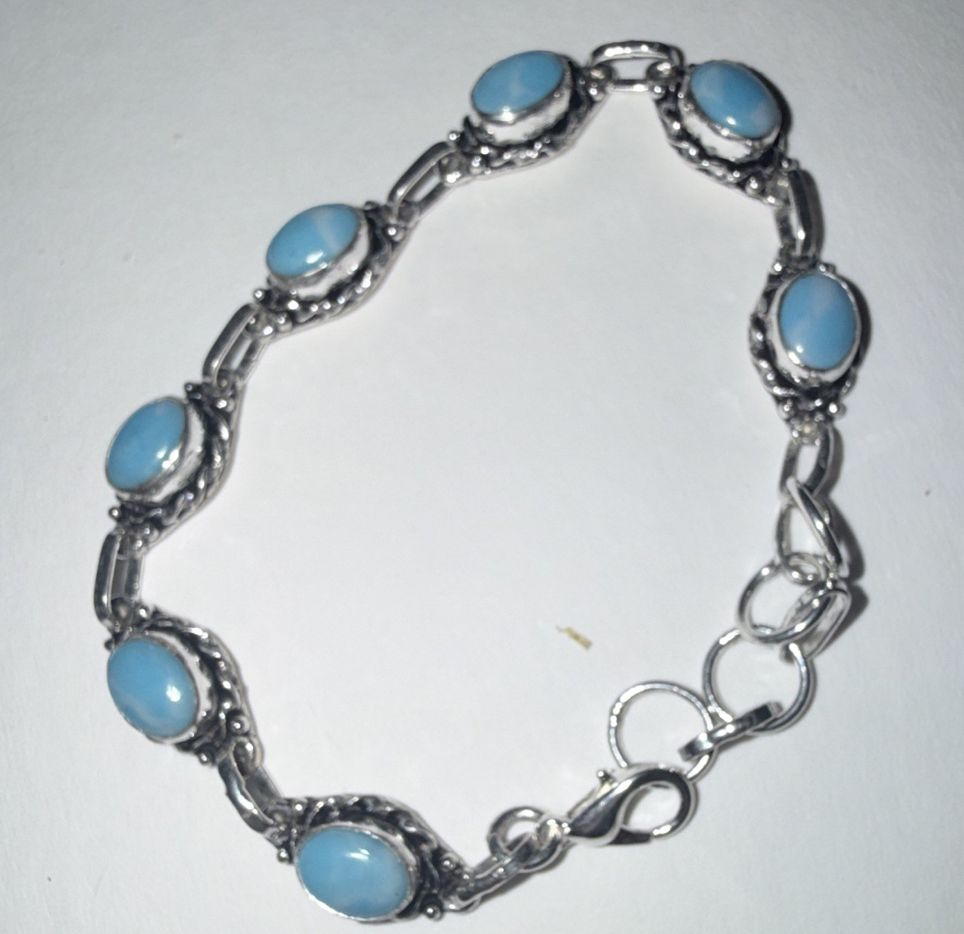 Silver Tone Blue Oval Cabochon Bezel Oval Link Bracelet, Lobster Clasp