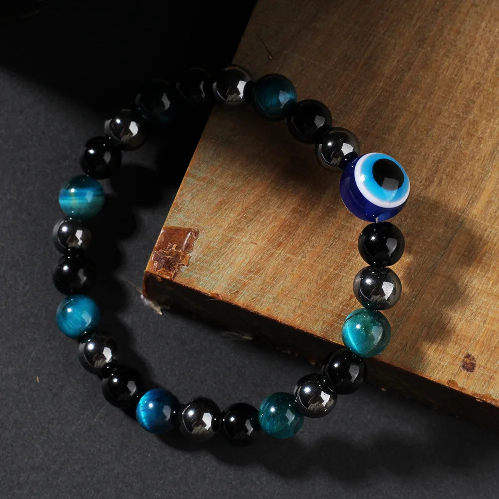 Eye Handmade Stretch Bracelet Protection Blue Tigers Eye Black Bile Obsidian