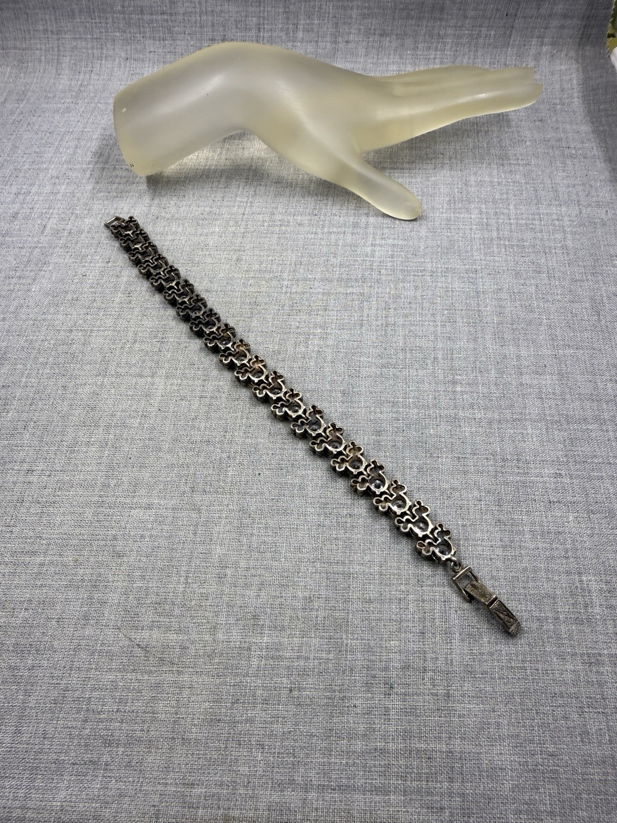 Marcasite & Crystal Cluster Link Sterling Silver .925 Tennis Bracelet 7.75″
