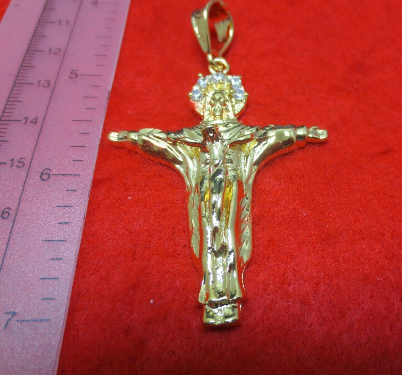 14KT GOLD EP DOUBLE JESUS WITH CUBIC ZIRCONIA CHARM PENDANT ALMOST 3″ -7504