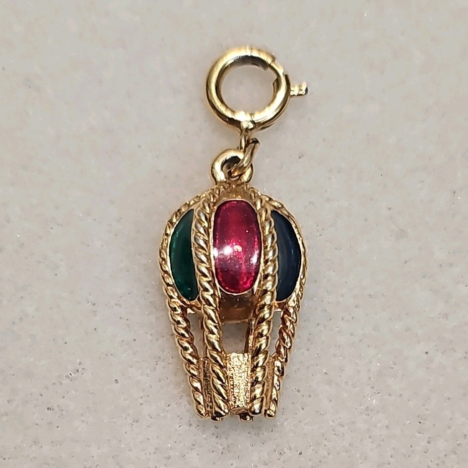 Monet Signed Hot Air Balloon Dangle Charm Gold Tone Enamel Spring Ring 1.5in Vtg