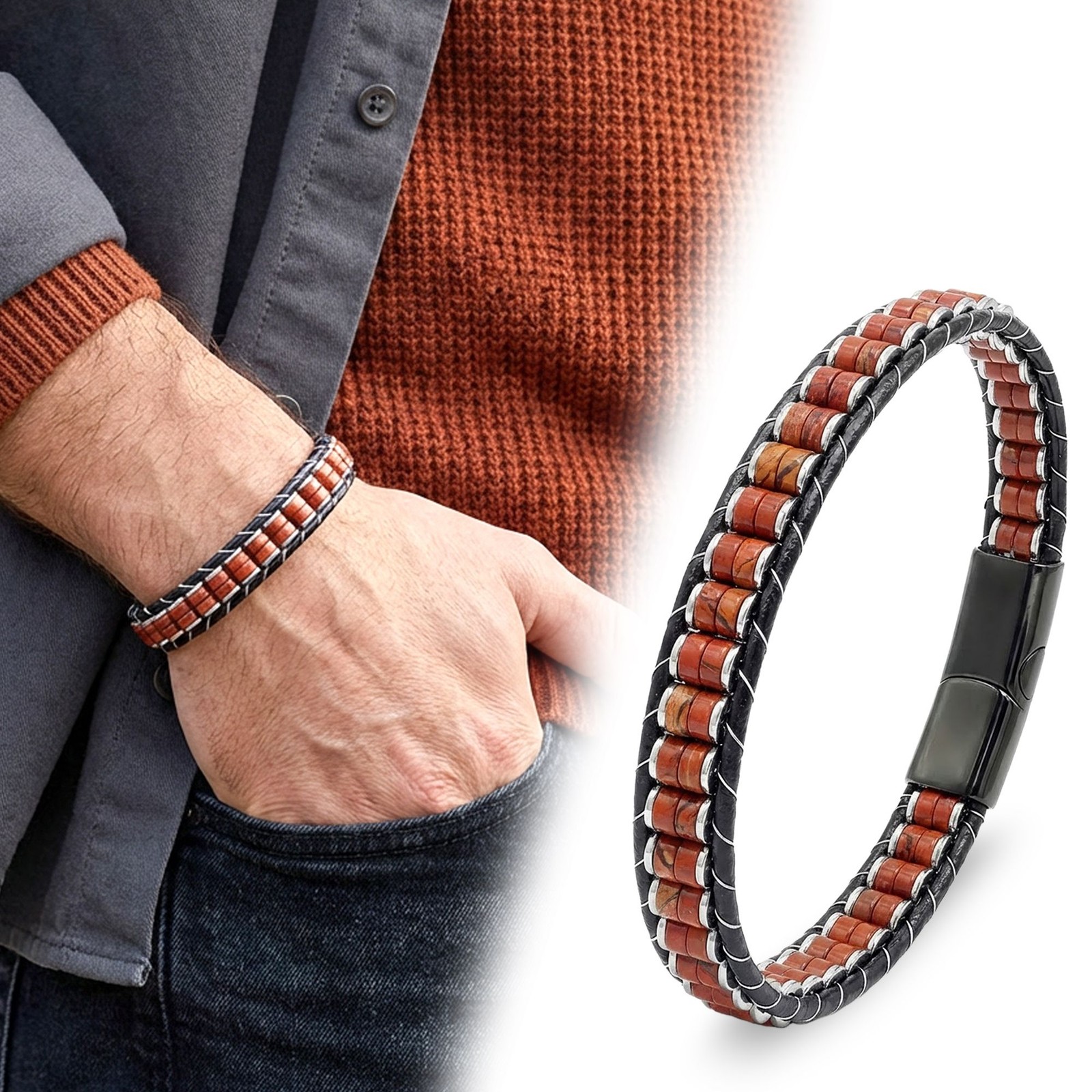 Red Jasper & Hematite Stainless Steel Braided Leather Bracelet